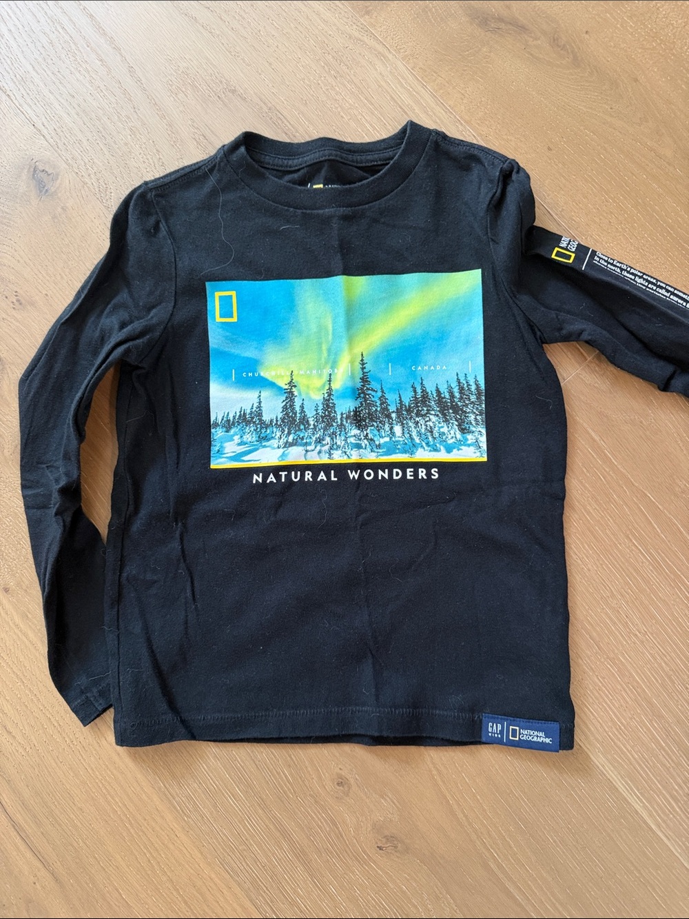 GAP Black Long-Sleeve Tee with Blue & Green Aurora Graphic